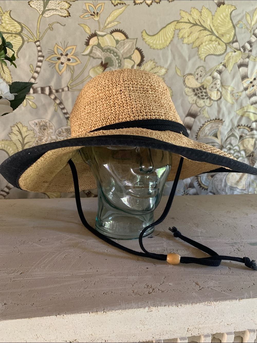 Scala Tan Straw Sun Hat with Black Trim and Chin Cord